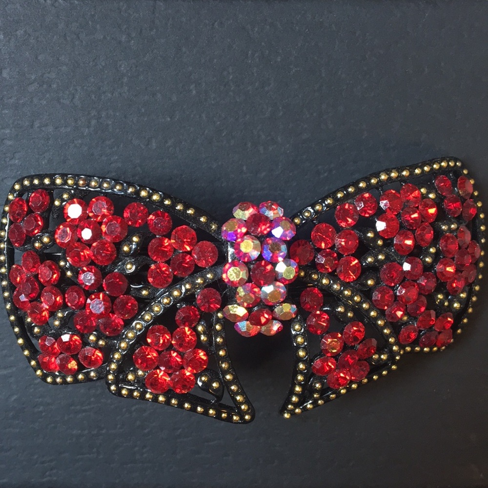 Red Bow Rhinestoned Hair Clip